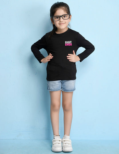 NUSYL Cotton blend full sleeves Brave Girls text Printed Tee-Black