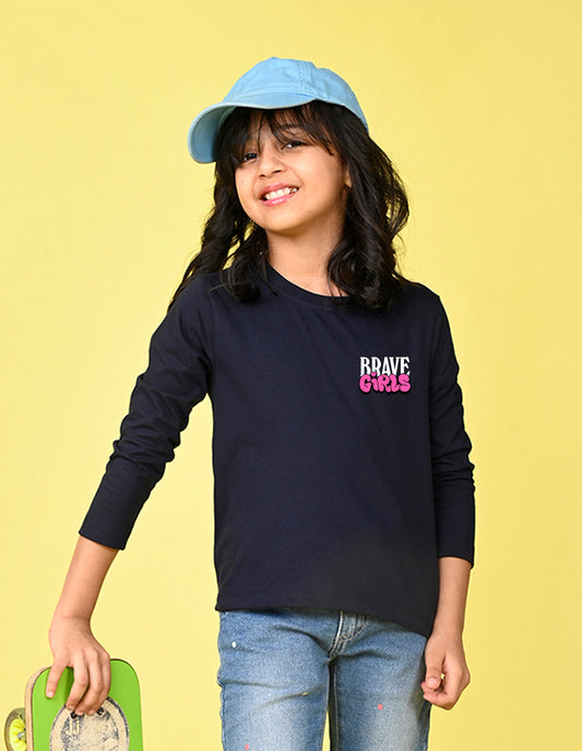 NUSYL Cotton blend full sleeves Brave Girls text Printed Tee-Navy Blue