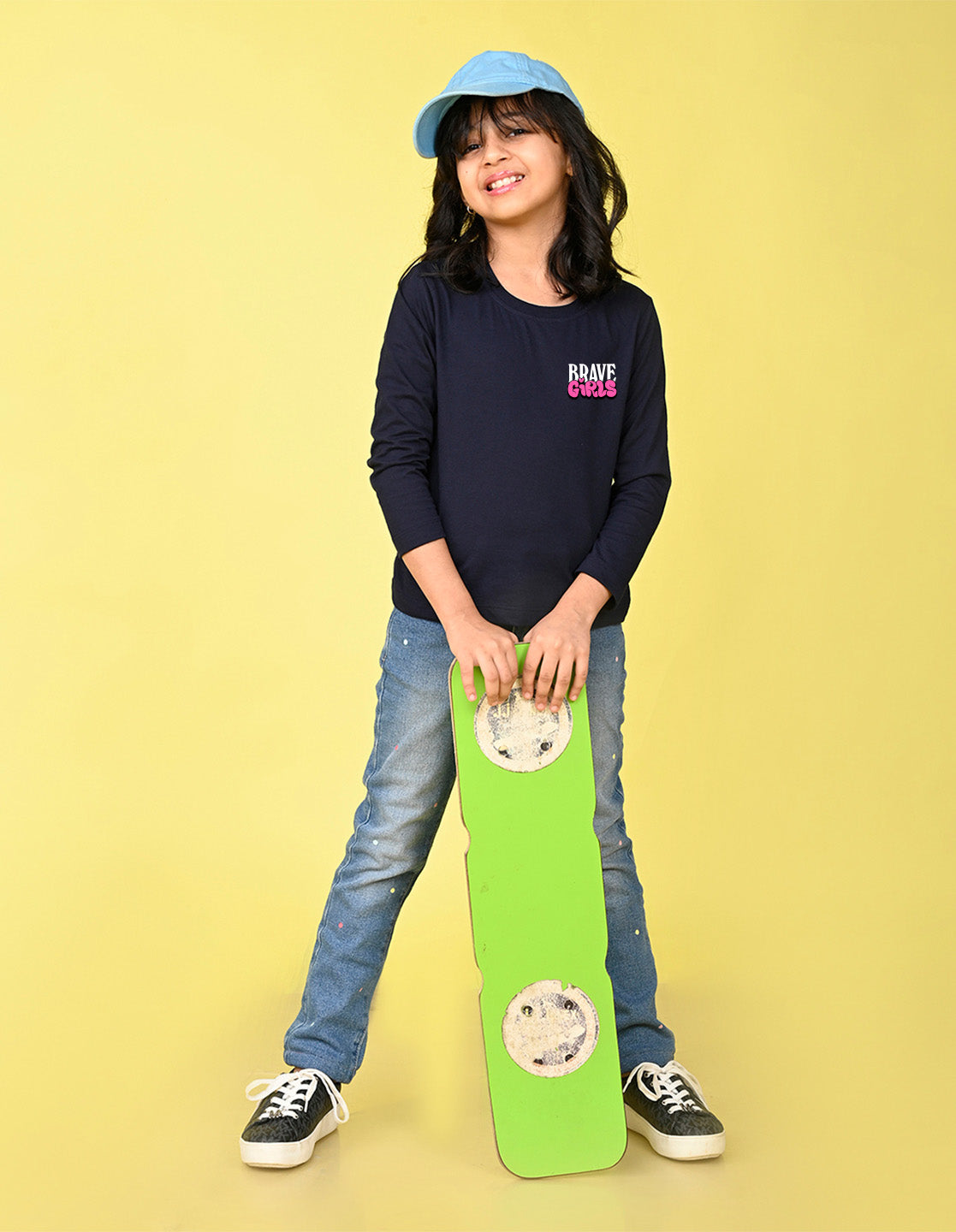 NUSYL Cotton blend full sleeves Brave Girls text Printed Tee-Navy Blue