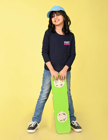 NUSYL Cotton blend full sleeves Brave Girls text Printed Tee-Navy Blue