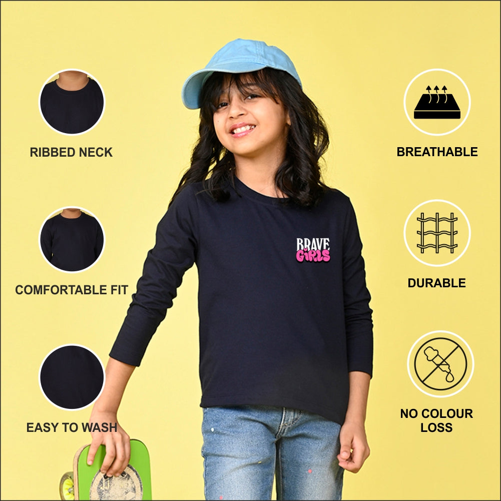 NUSYL Cotton blend full sleeves Brave Girls text Printed Tee-Navy Blue