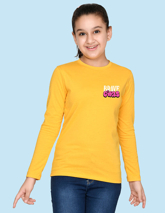 NUSYL Cotton blend full sleeves Brave Girls text Printed Tee-Yellow