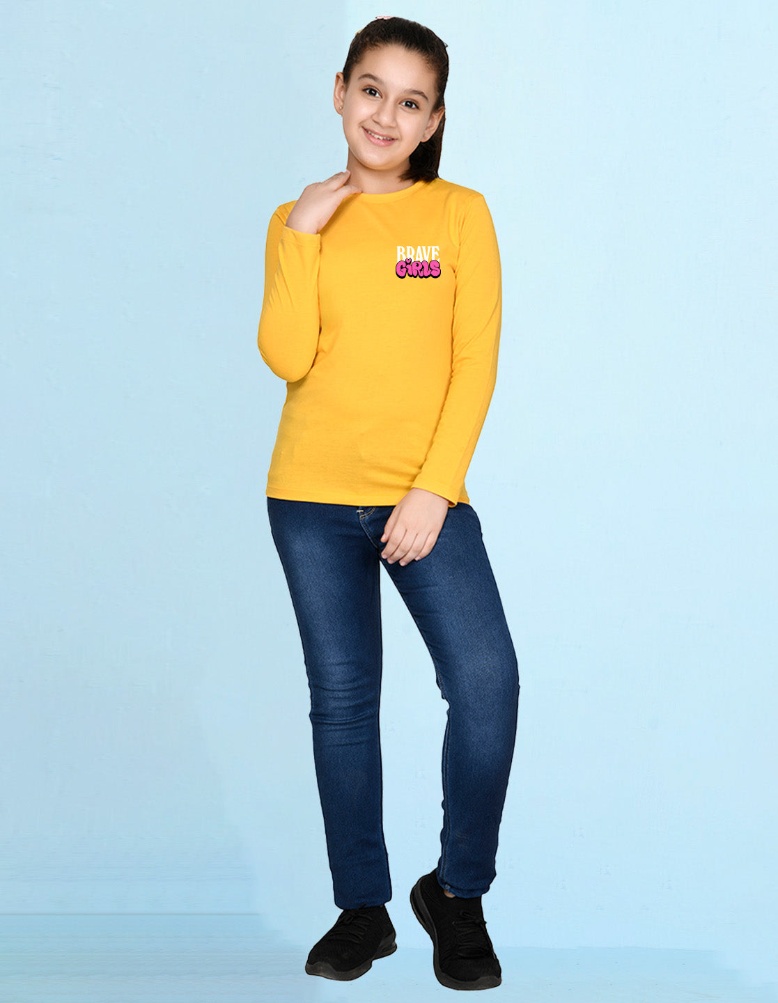 NUSYL Cotton blend full sleeves Brave Girls text Printed Tee-Yellow