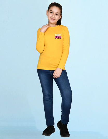NUSYL Cotton blend full sleeves Brave Girls text Printed Tee-Yellow
