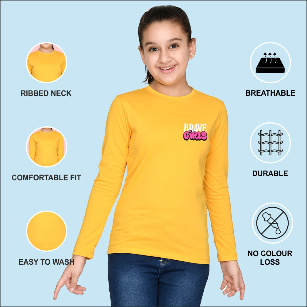 NUSYL Cotton blend full sleeves Brave Girls text Printed Tee-Yellow
