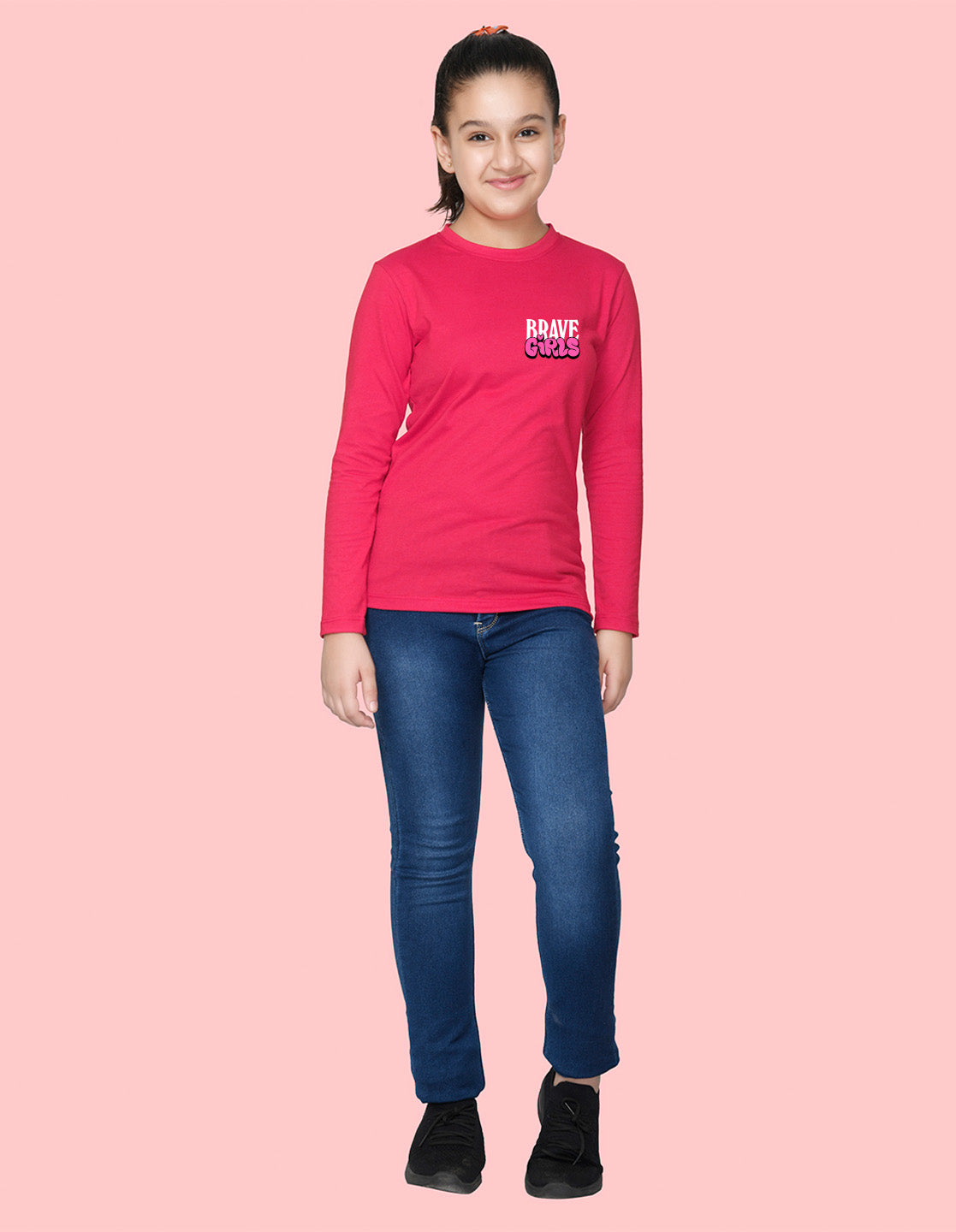 NUSYL Cotton blend full sleeves Brave Girls text Printed Tee-Hot Pink
