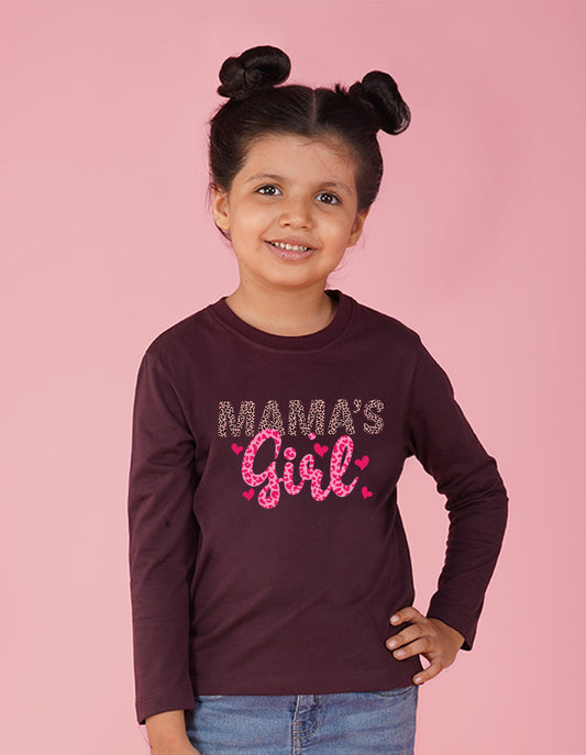 NUSYL Cotton blend full sleeves Mama's Girl text Printed Tee-Wine