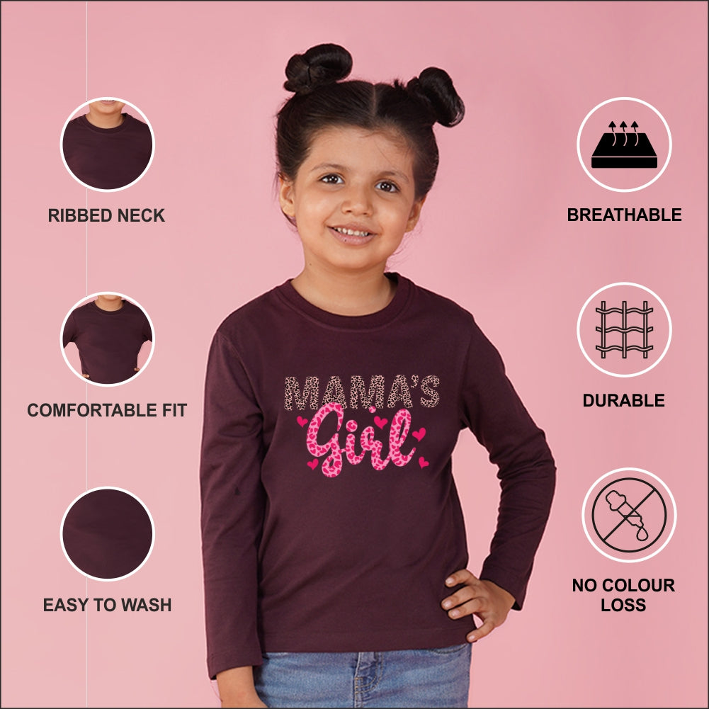 NUSYL Cotton blend full sleeves Mama's Girl text Printed Tee-Wine