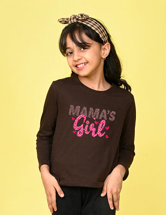 NUSYL Cotton blend full sleeves Mama's Girl text Printed Tee-Brown