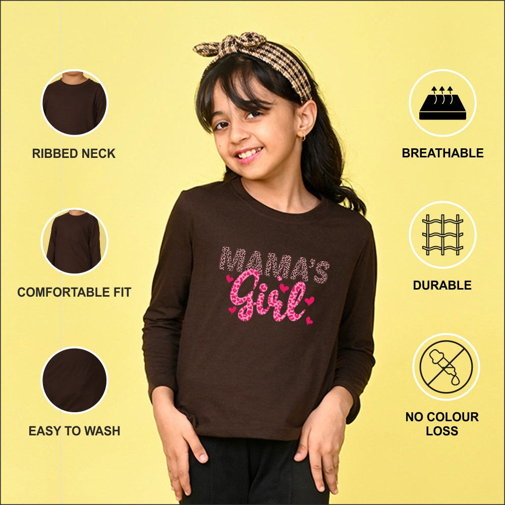 NUSYL Cotton blend full sleeves Mama's Girl text Printed Tee-Brown
