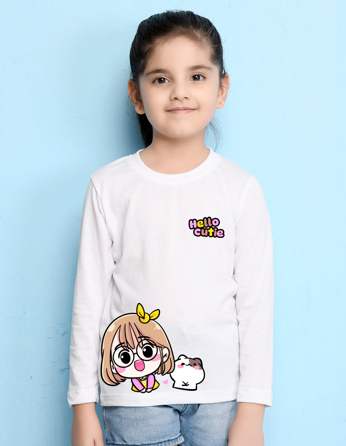 NUSYL Cotton blend full sleeves Hello cutie text Printed Tee-White
