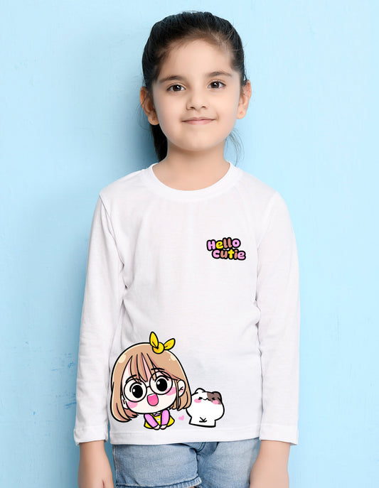 NUSYL Cotton blend full sleeves Hello cutie text Printed Tee-White