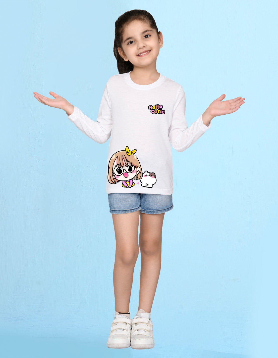 NUSYL Cotton blend full sleeves Hello cutie text Printed Tee-White