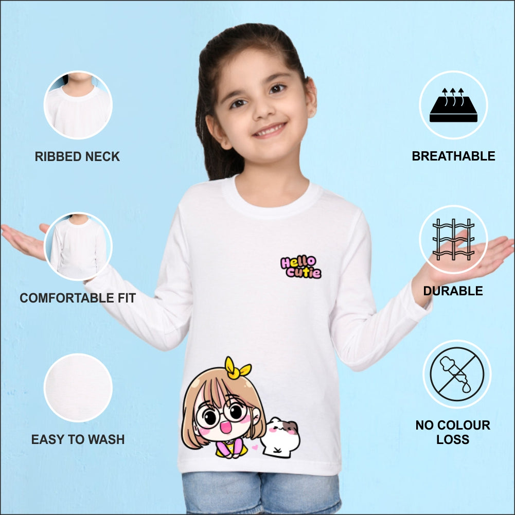 NUSYL Cotton blend full sleeves Hello cutie text Printed Tee-White