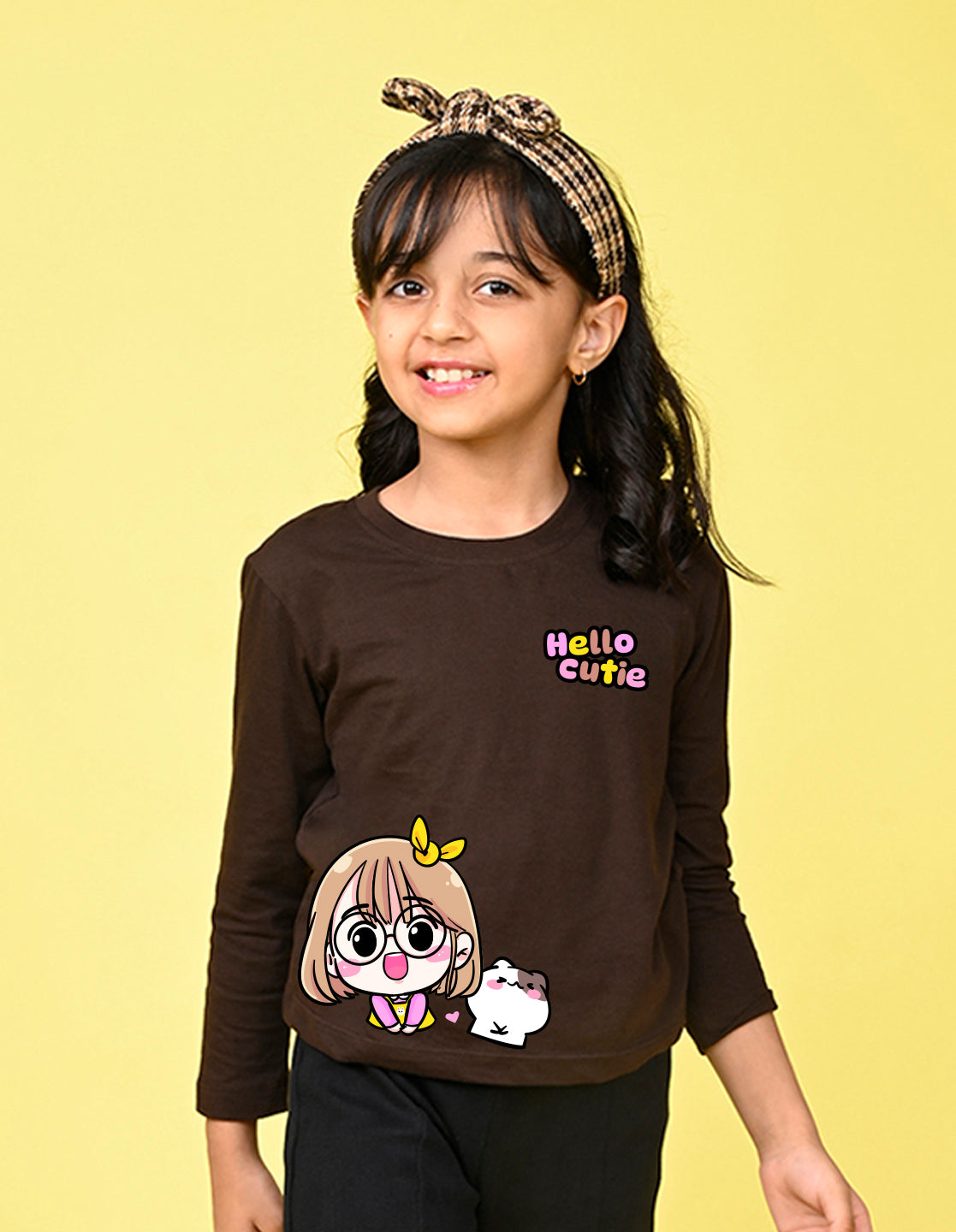 NUSYL Cotton blend full sleeves Hello cutie text Printed Tee-Brown
