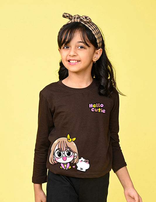 NUSYL Cotton blend full sleeves Hello cutie text Printed Tee-Brown