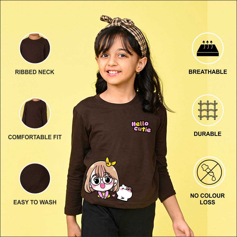 NUSYL Cotton blend full sleeves Hello cutie text Printed Tee-Brown