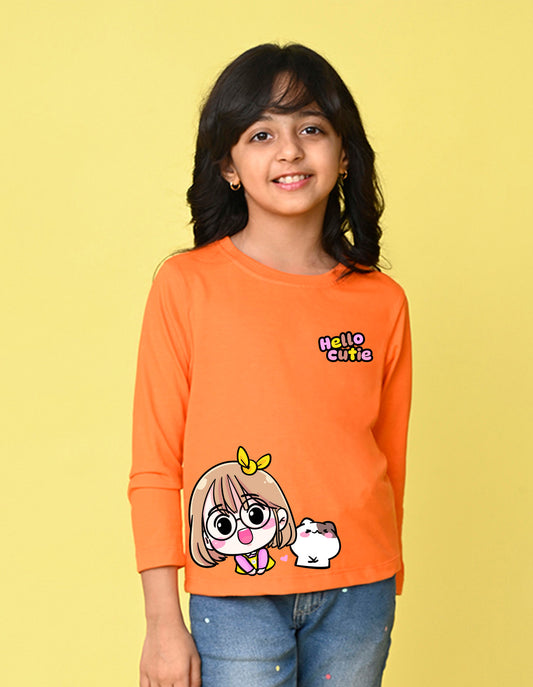 NUSYL Cotton blend full sleeves Hello cutie text Printed Tee-Orange