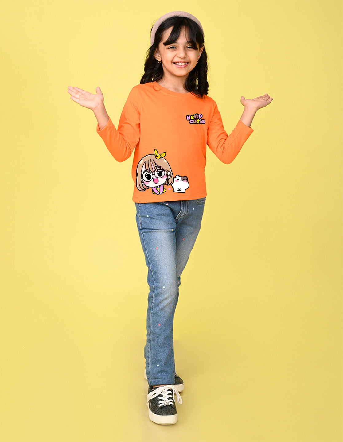 NUSYL Cotton blend full sleeves Hello cutie text Printed Tee-Orange