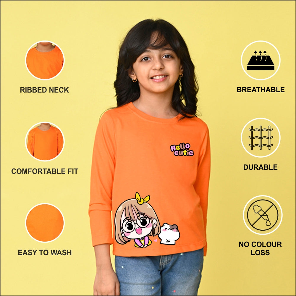 NUSYL Cotton blend full sleeves Hello cutie text Printed Tee-Orange