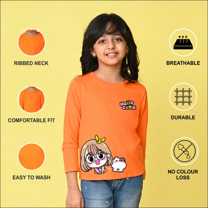 NUSYL Cotton blend full sleeves Hello cutie text Printed Tee-Orange