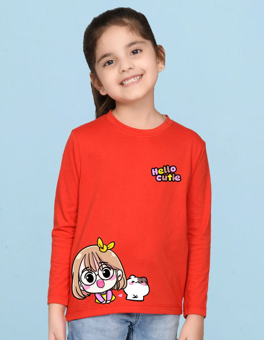NUSYL Cotton blend full sleeves Hello cutie text Printed Tee-Red