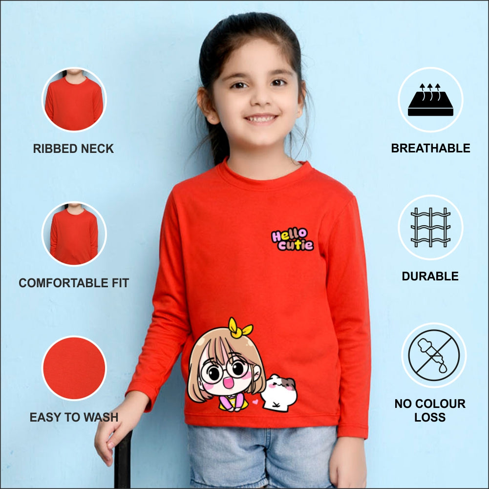 NUSYL Cotton blend full sleeves Hello cutie text Printed Tee-Red