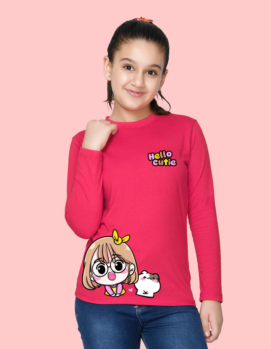 NUSYL Cotton blend full sleeves Hello cutie text Printed Tee-Hot Pink