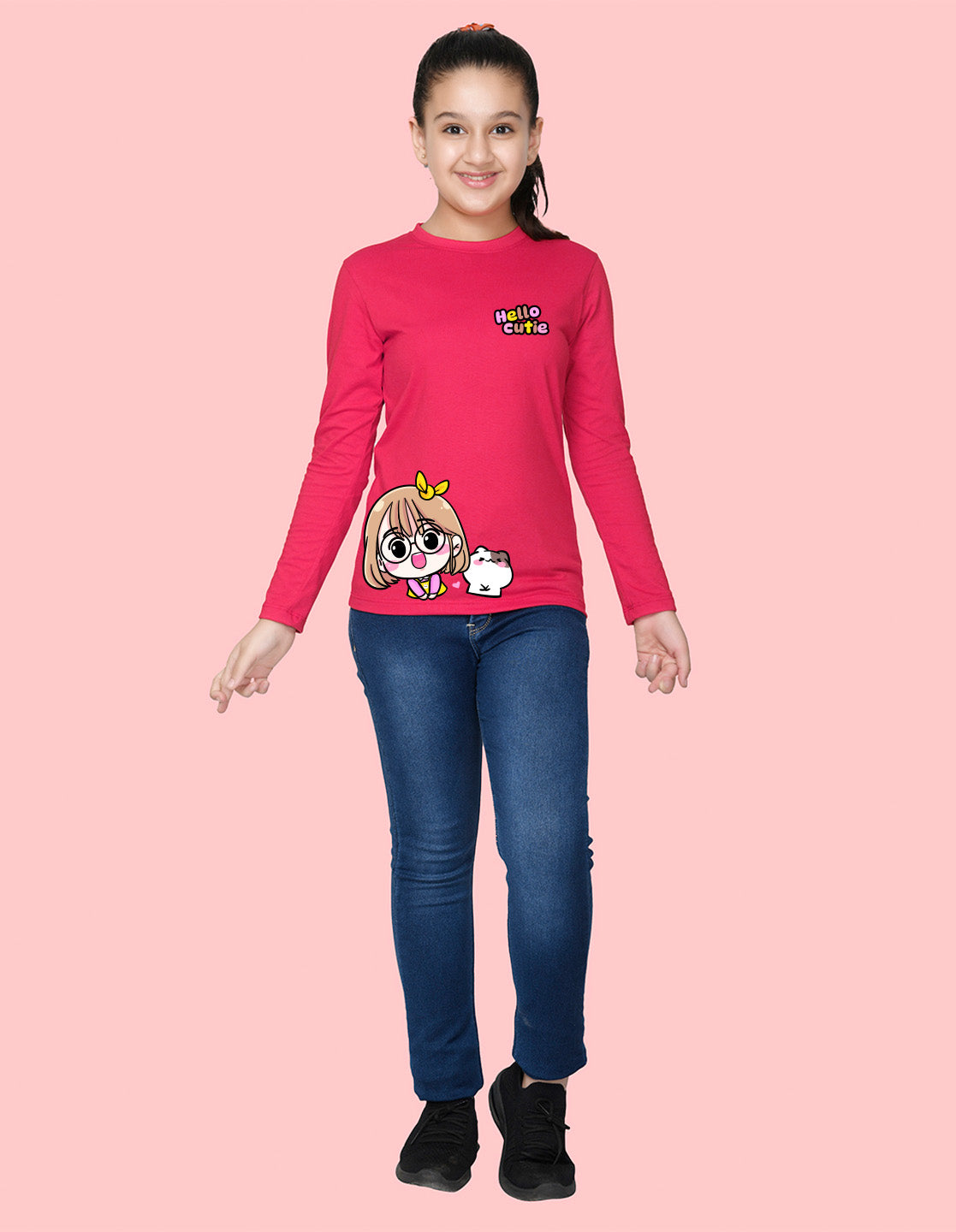 NUSYL Cotton blend full sleeves Hello cutie text Printed Tee-Hot Pink