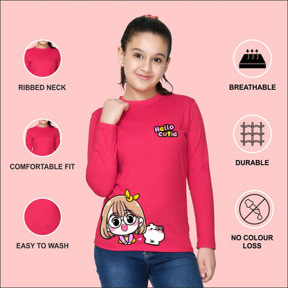 NUSYL Cotton blend full sleeves Hello cutie text Printed Tee-Hot Pink