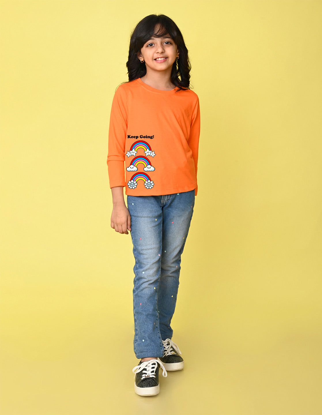 NUSYL Cotton blend full sleeves Rainbow and keep going text Printed Tee-Orange