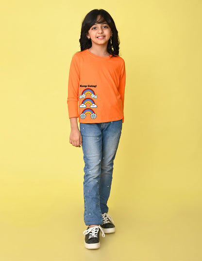 NUSYL Cotton blend full sleeves Rainbow and keep going text Printed Tee-Orange