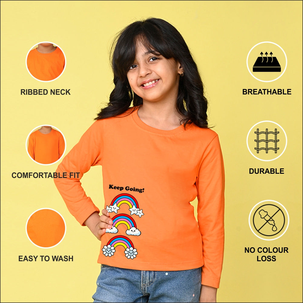 NUSYL Cotton blend full sleeves Rainbow and keep going text Printed Tee-Orange