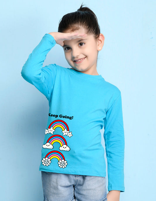 NUSYL Cotton blend full sleeves Rainbow and keep going text Printed Tee-Sky Blue