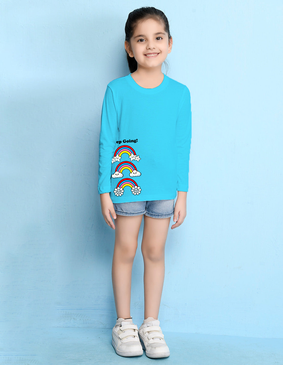 NUSYL Cotton blend full sleeves Rainbow and keep going text Printed Tee-Sky Blue