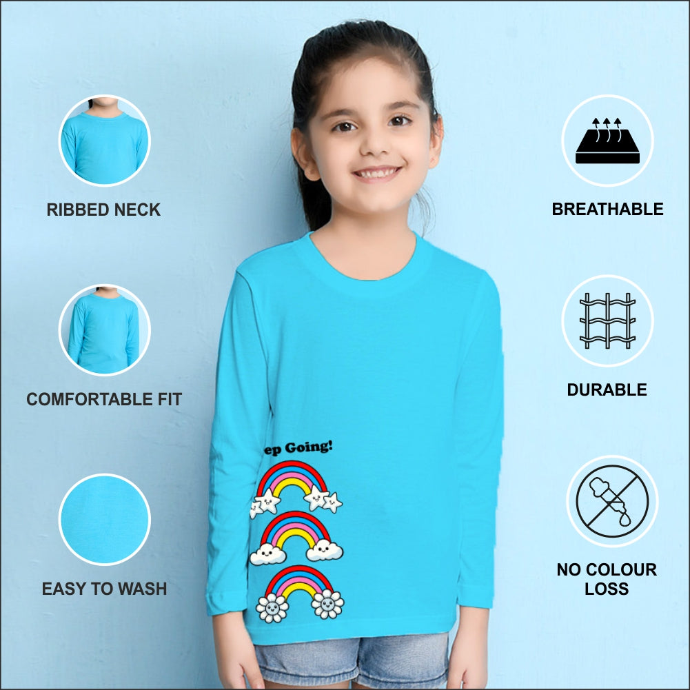 NUSYL Cotton blend full sleeves Rainbow and keep going text Printed Tee-Sky Blue