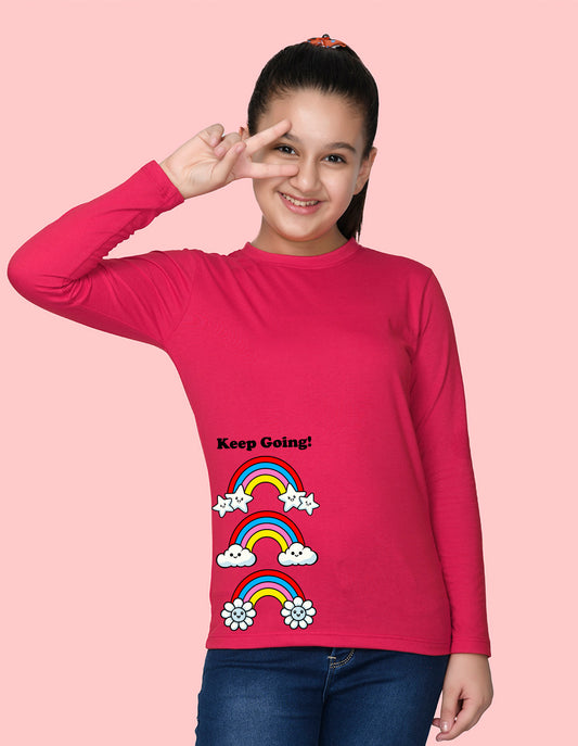 NUSYL Cotton blend full sleeves Rainbow and keep going text Printed Tee-Hot Pink
