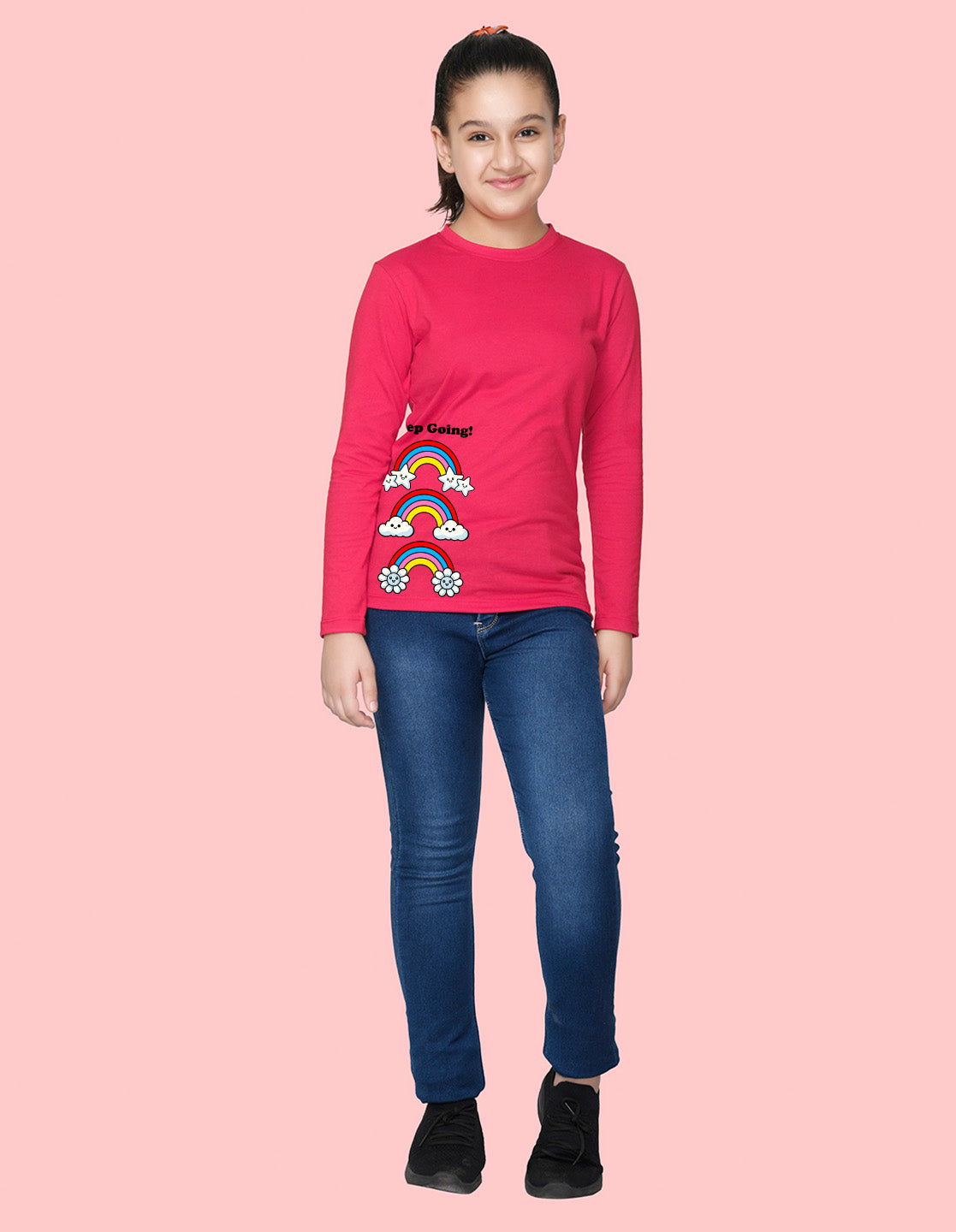 NUSYL Cotton blend full sleeves Rainbow and keep going text Printed Tee-Hot Pink