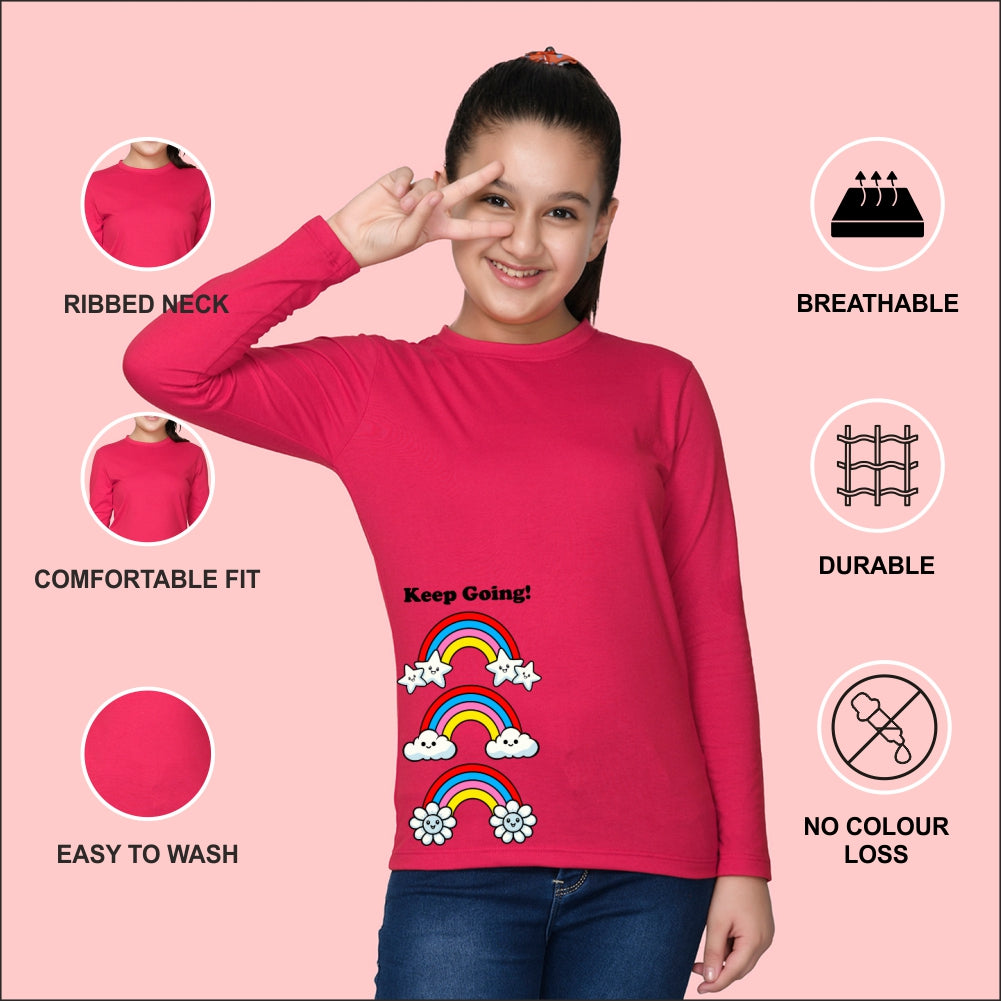 NUSYL Cotton blend full sleeves Rainbow and keep going text Printed Tee-Hot Pink