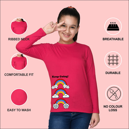 NUSYL Cotton blend full sleeves Rainbow and keep going text Printed Tee-Hot Pink
