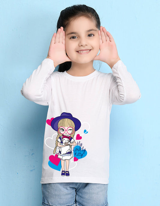 NUSYL Cotton blend full sleeves My lovely kitty text Printed Tee-White
