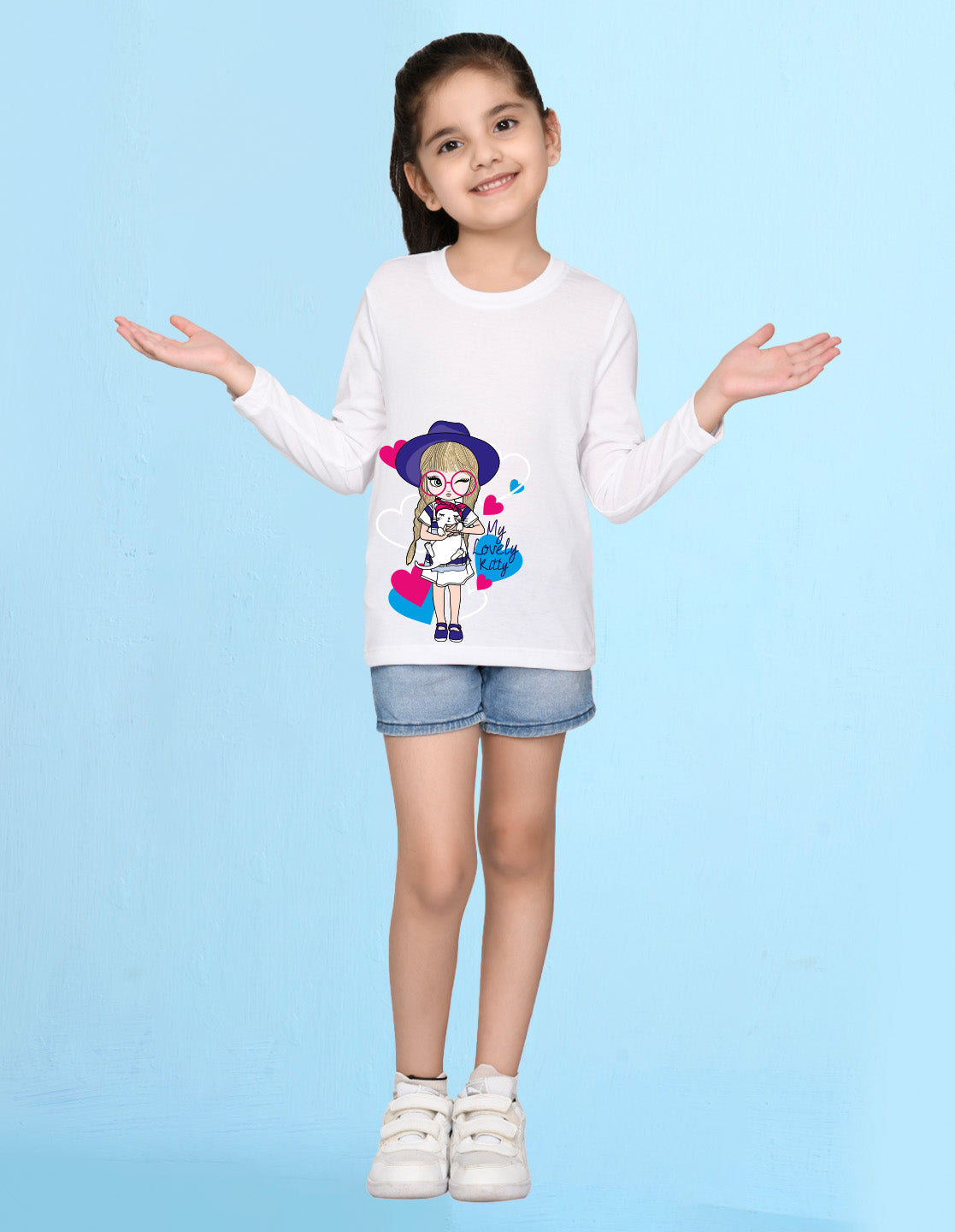 NUSYL Cotton blend full sleeves My lovely kitty text Printed Tee-White