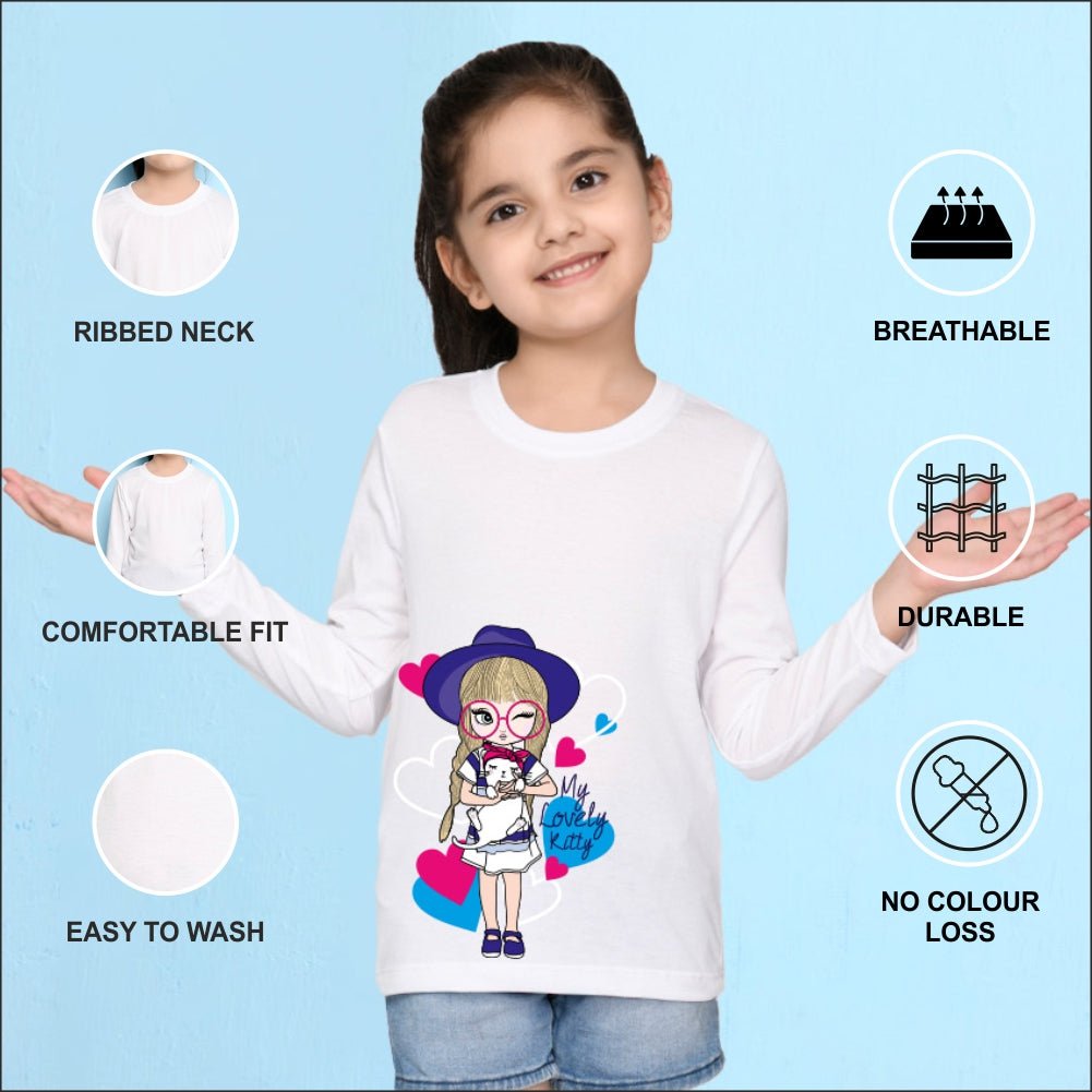 NUSYL Cotton blend full sleeves My lovely kitty text Printed Tee-White
