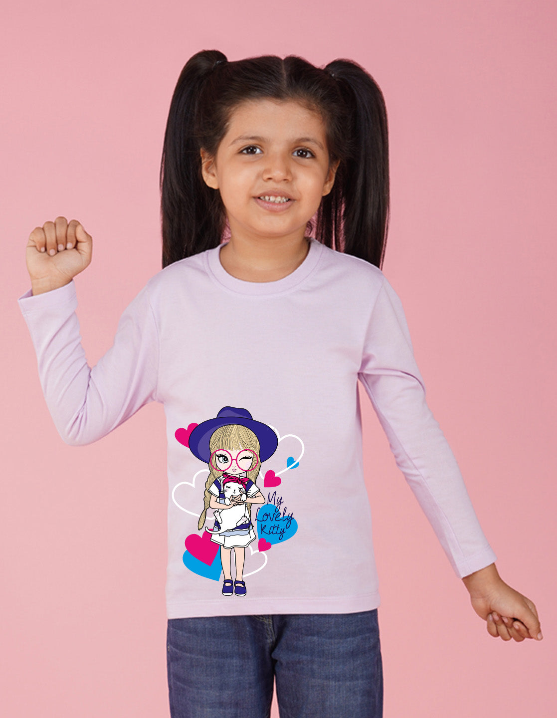 NUSYL Cotton blend full sleeves My lovely kitty text Printed Tee-Lilac