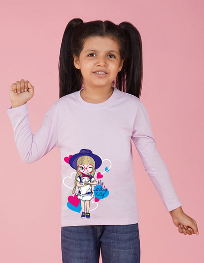 NUSYL Cotton blend full sleeves My lovely kitty text Printed Tee-Lilac