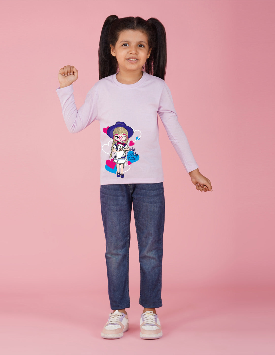 NUSYL Cotton blend full sleeves My lovely kitty text Printed Tee-Lilac