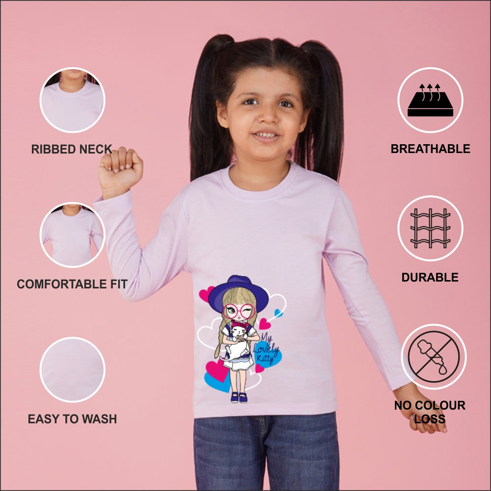 NUSYL Cotton blend full sleeves My lovely kitty text Printed Tee-Lilac