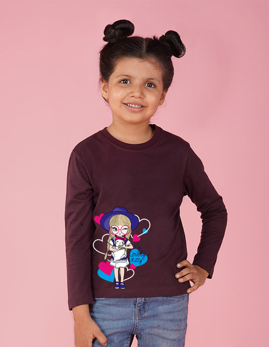 NUSYL Cotton blend full sleeves My lovely kitty text Printed Tee-Wine