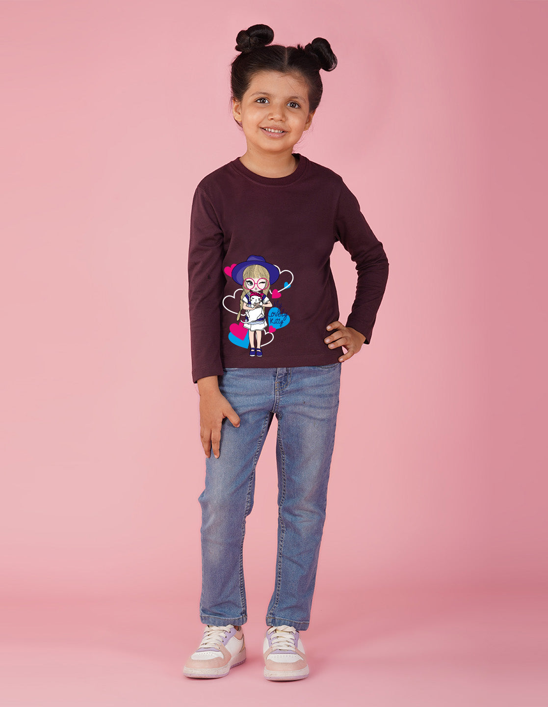 NUSYL Cotton blend full sleeves My lovely kitty text Printed Tee-Wine