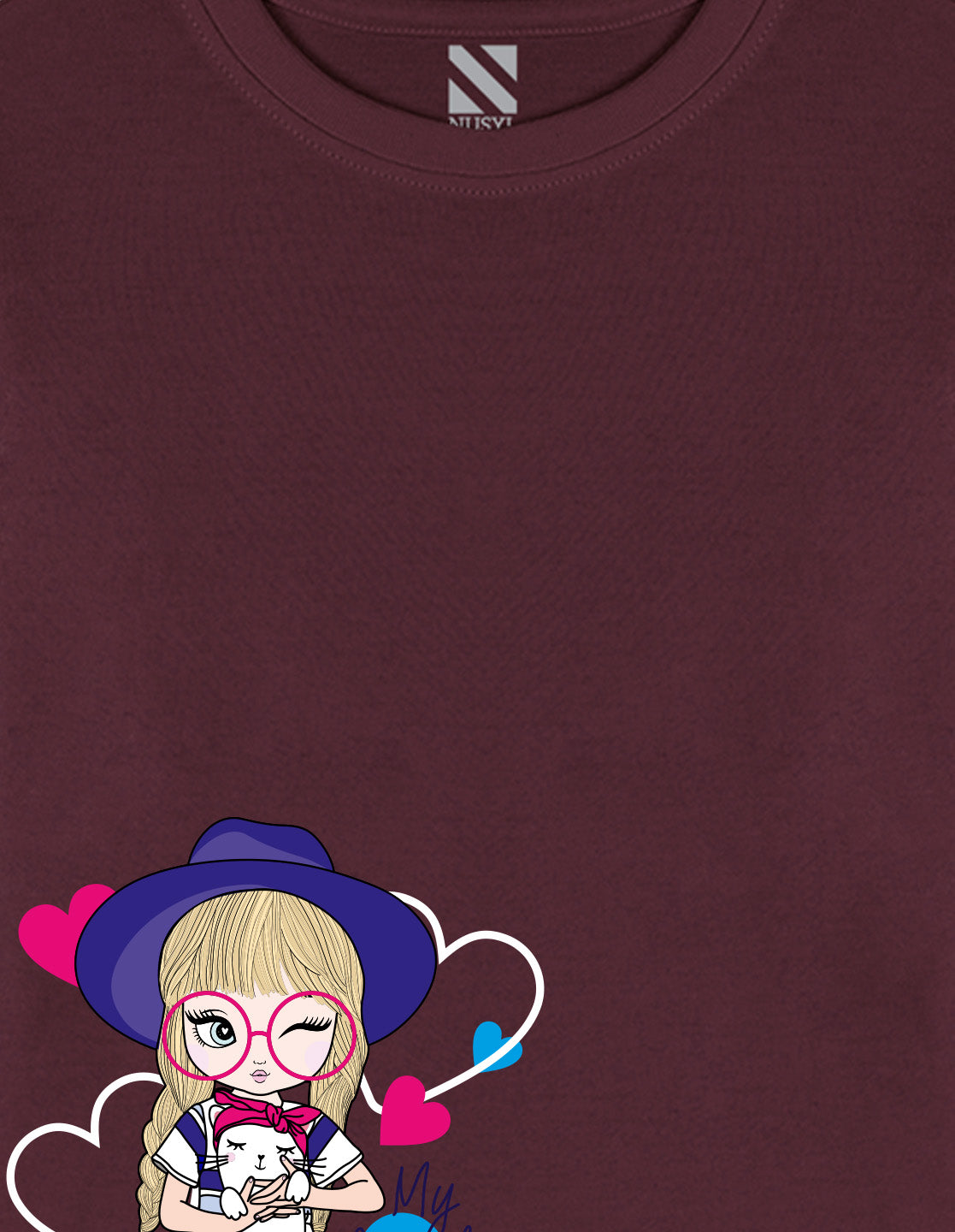 NUSYL Cotton blend full sleeves My lovely kitty text Printed Tee-Wine